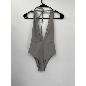 Aerie‎ One Piece Lace Trim Deep Neckline Swimsuit Open Back Size Smaller Gray